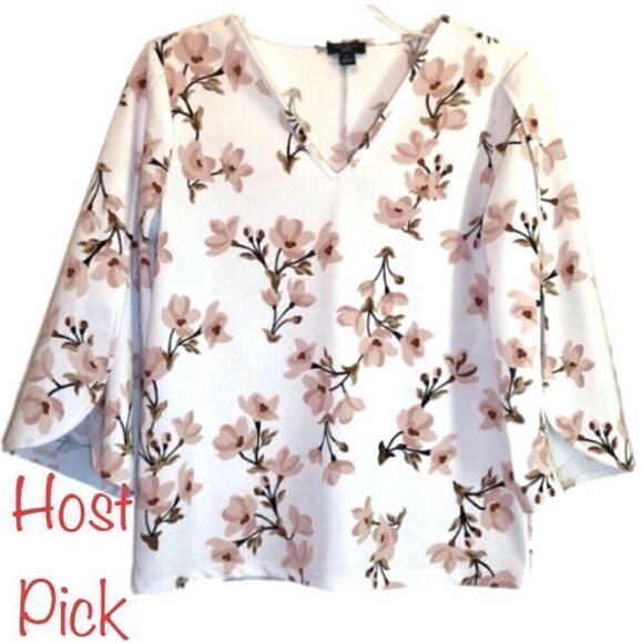 Ann Taylor Floral Top with 3/4 Length Tulip Sleeves in Cream/Brown Women’s PS - Picture 1 of 7